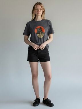 Cat Graphic T-Shirt - Charcoal with Orange Print